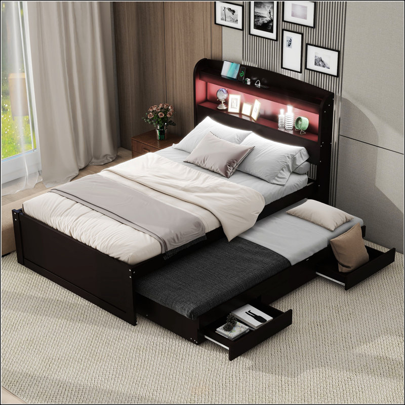 Lit plateforme simple TG avec tête de lit à DEL, Marron foncé