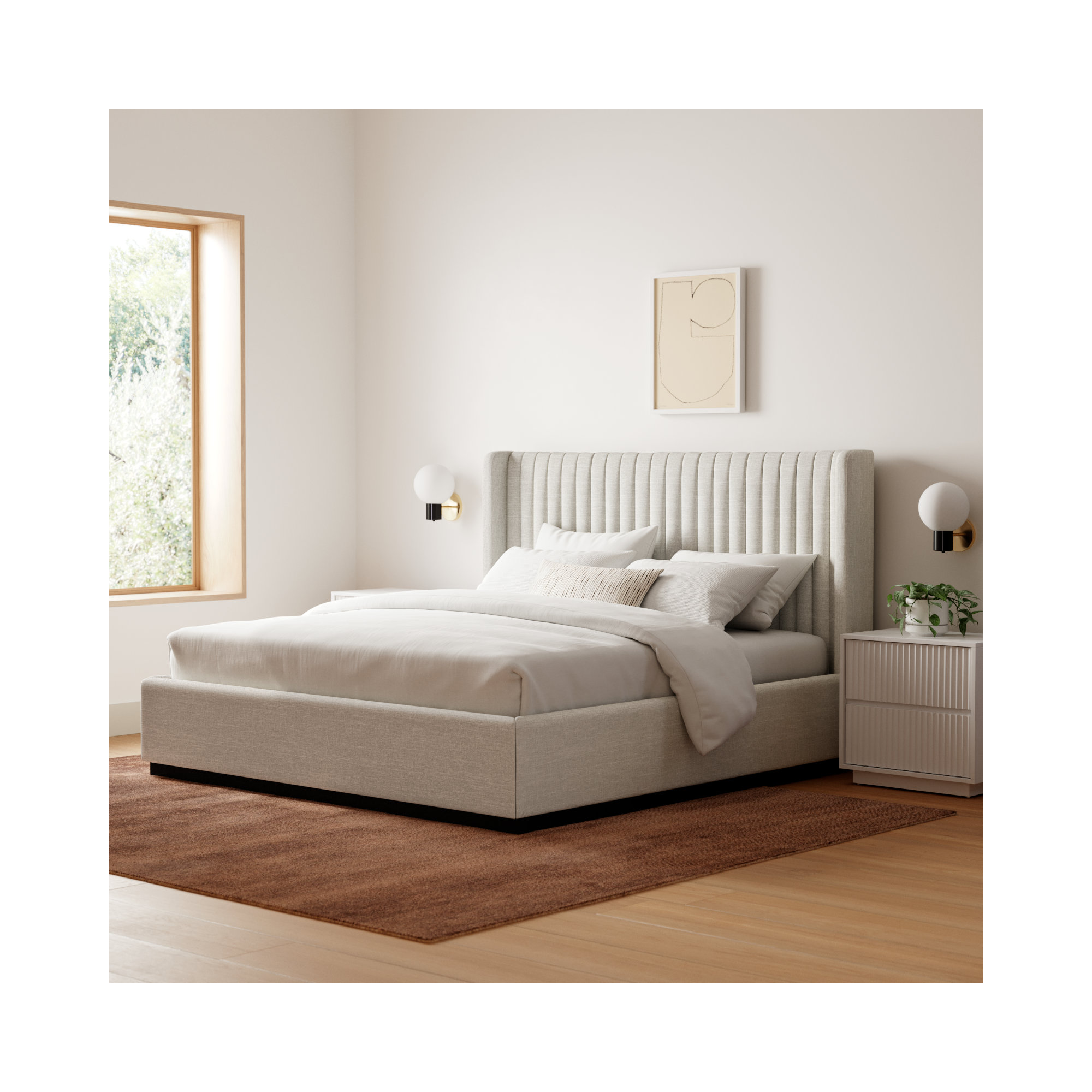 Chamblis Upholstered Wingback Bed, Beige Linen Textured Fabric, King