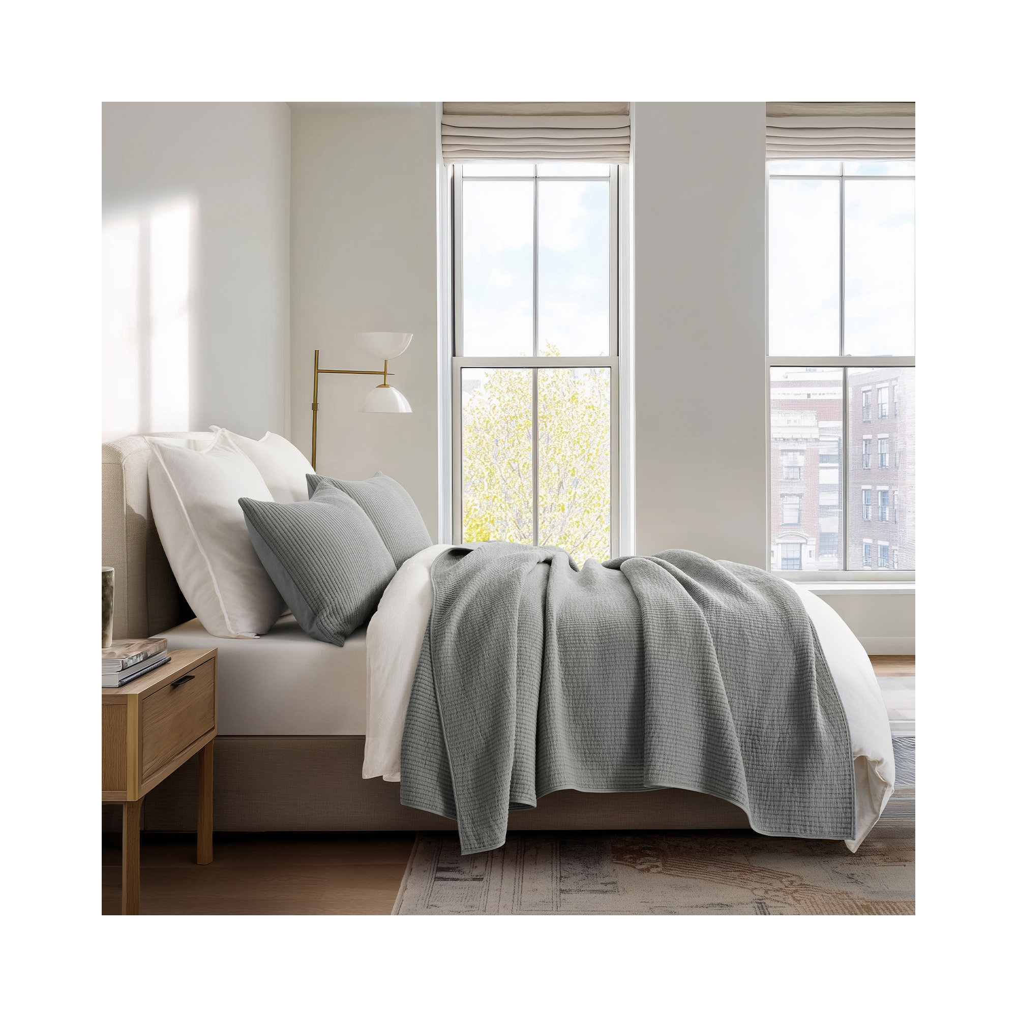 Ribbed Matelassé Cotton Coverlet Set, Fog Gray, King Quilt + 2 King Shams