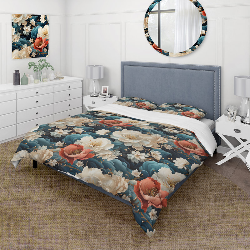 Maillie Kimono Whispers IV - Chinese Floral Duvet Cover Set - Microfiber Polyester, King Duvet Cover + 2 King Shams