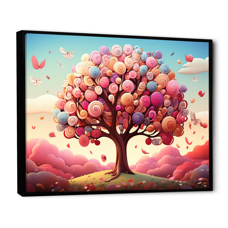Popart, arbre magique rose et bleu - arbre, art mural, Cadre flottant noir, H 30 po x l 40 po x P 1,5 po