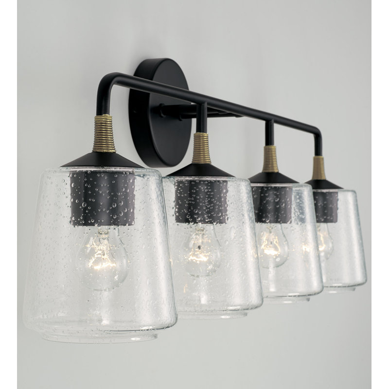 Amara Matte Black and Brass 4-Light Vanity with Seeded Glass
