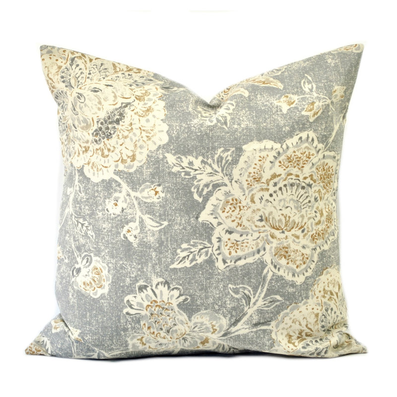 Housse de coussin 100% coton , 21,5 po x 21,5 po, Floral, Gris / Brun clair