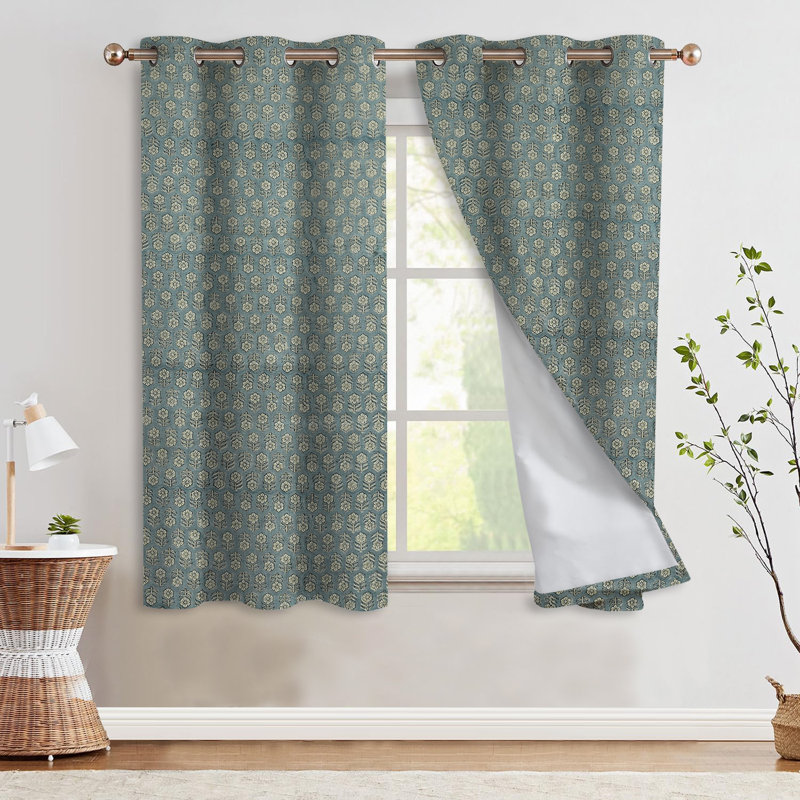 Panneau de rideau à œillets bleu imprimé à la main en lin pour le salon, la chambre à coucher et la fenêtre
