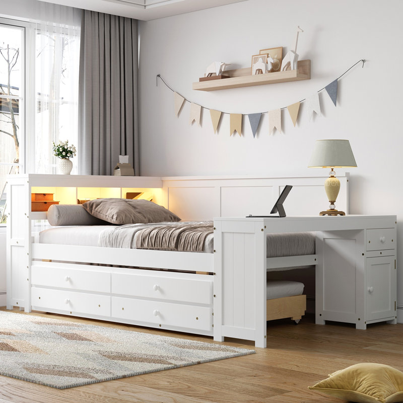 Full Size Daybed With Storage Shelves,Drawers,Trundle,Charging Station,LED Light,Desk And Cabinet, White