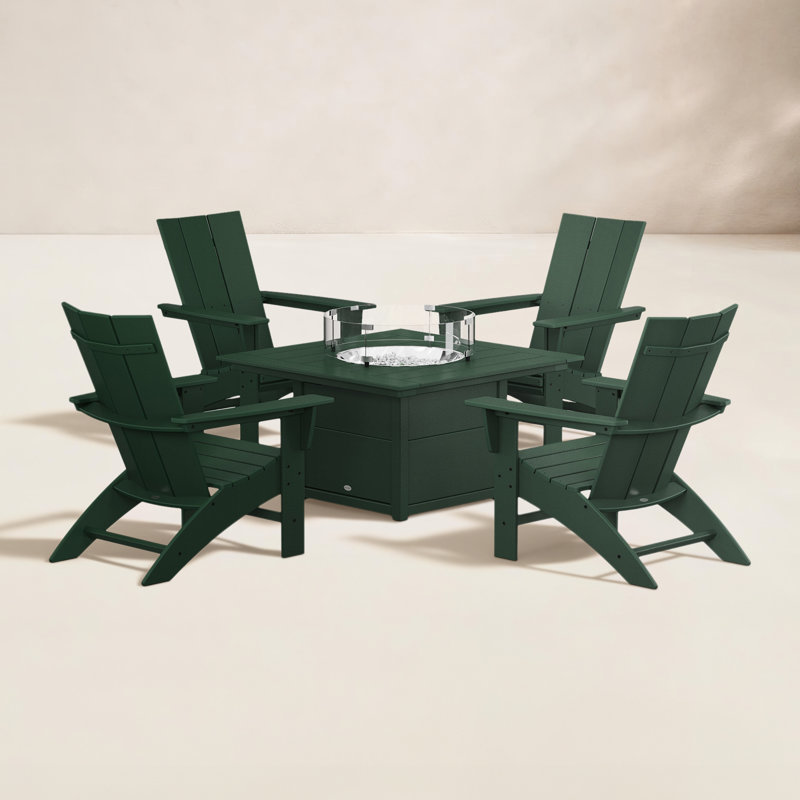 Ensemble de conversation 5 pièces POLYWOOD Modern Curveback Adirondack avec foyer, Vert