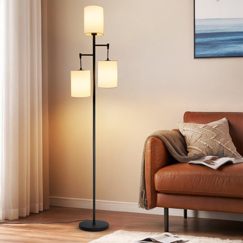 Lampe sur pied à branches 71 po avec 3 abat-jours cylindriques en lin et base noir mat
