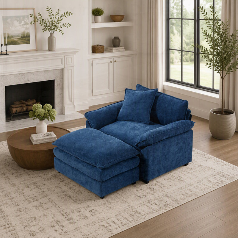 Fauteuil d'appoint moderne en chenille avec repose-pieds, idéal pour le confort du salon et de la chambre., Blue Chenille