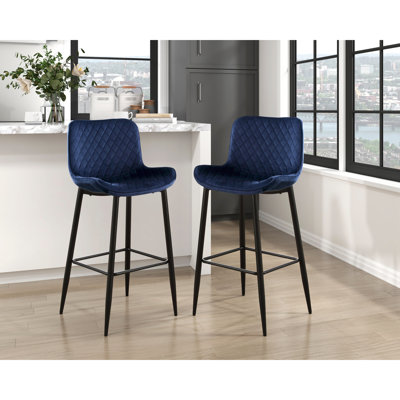 Chaises de pub Modern Modern Casual, de 2, velours bleu foncé, pieds en métal, hauteur de siège de 29 po, revêtement en velours, hauteur, garniture tendance