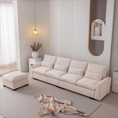 Canapés modulaires | Canapé 114,5 po en forme de L pour salon, repose-pieds avec rangement, ports USB | chenille | beige