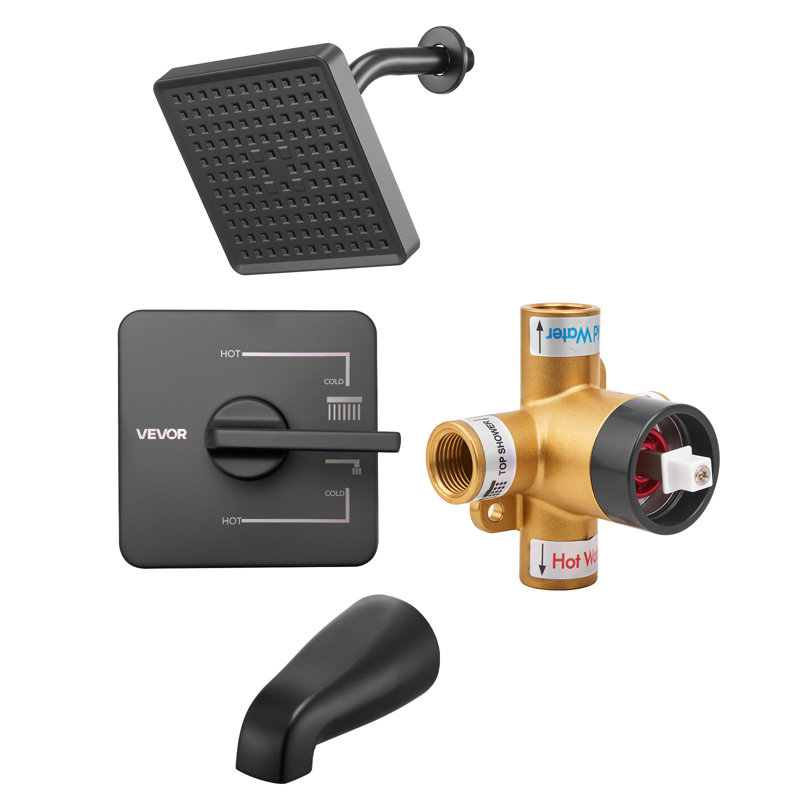 Tub and Shower Faucet Set, Complete with 6-Inch Rainfall Shower Head and Bathtub Spout, Single-Spray Single-Handle Tub Trim Kit with 304 Stainless Steel Valve Trim for Bathrooms, Matte Black