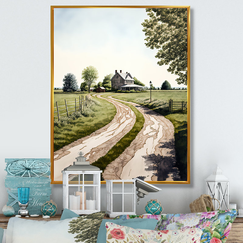 Avik, chemin sinueux menant à une ferme II - reproduction sur toile, H 32 po x l 16 po x P 1 po, Toile avec cadre flottant or