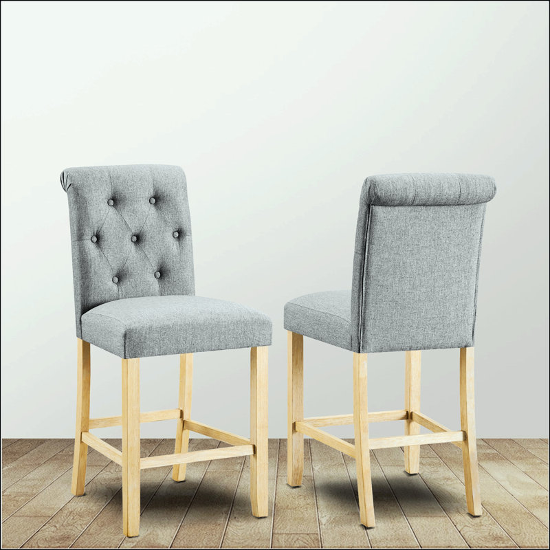 Tabourets en bois massif à boutons capitonnés, Gris