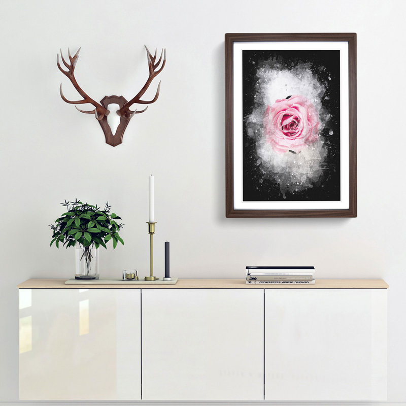 Lone Pink Rose Abstract Paint Splash - Picture Frame Graphic Art, Walnut Framed, 33cm H x 24cm W x 2cm D