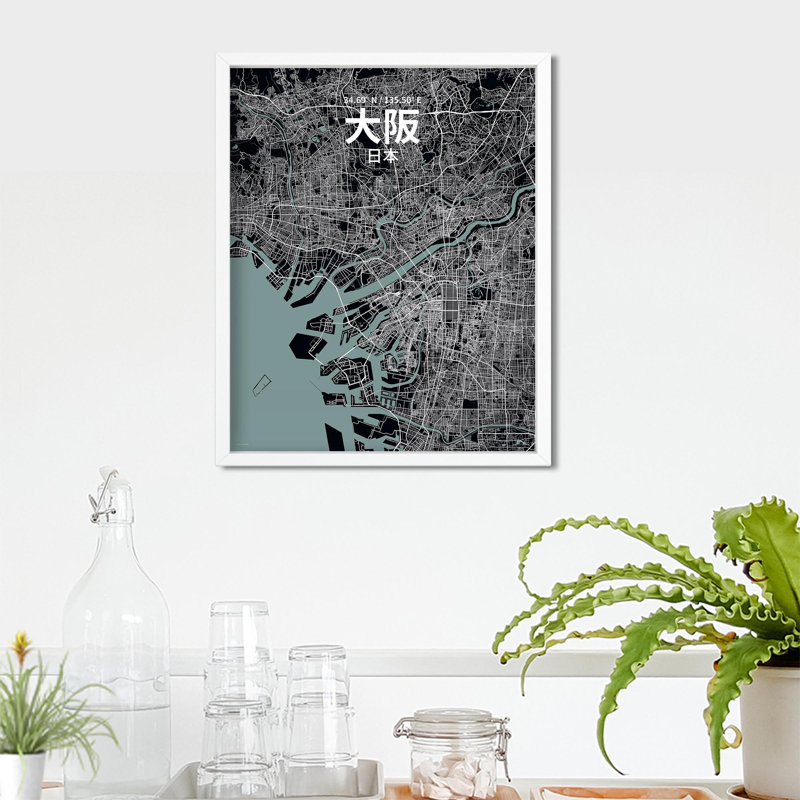 Osaka (japonais), carte de la ville en impression de luxe, H 20 po x l 16 po, Gris / noir