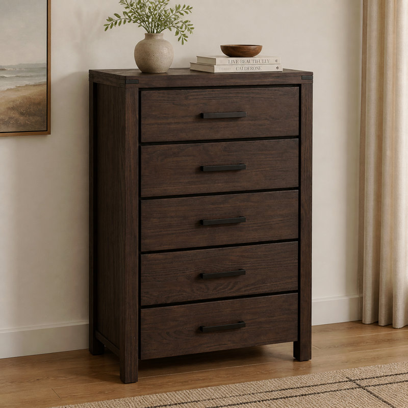 Commode à 5 tiroirs en pin foncé foncé, armoire de rangement moderne pour chambre nordique, rangement compact