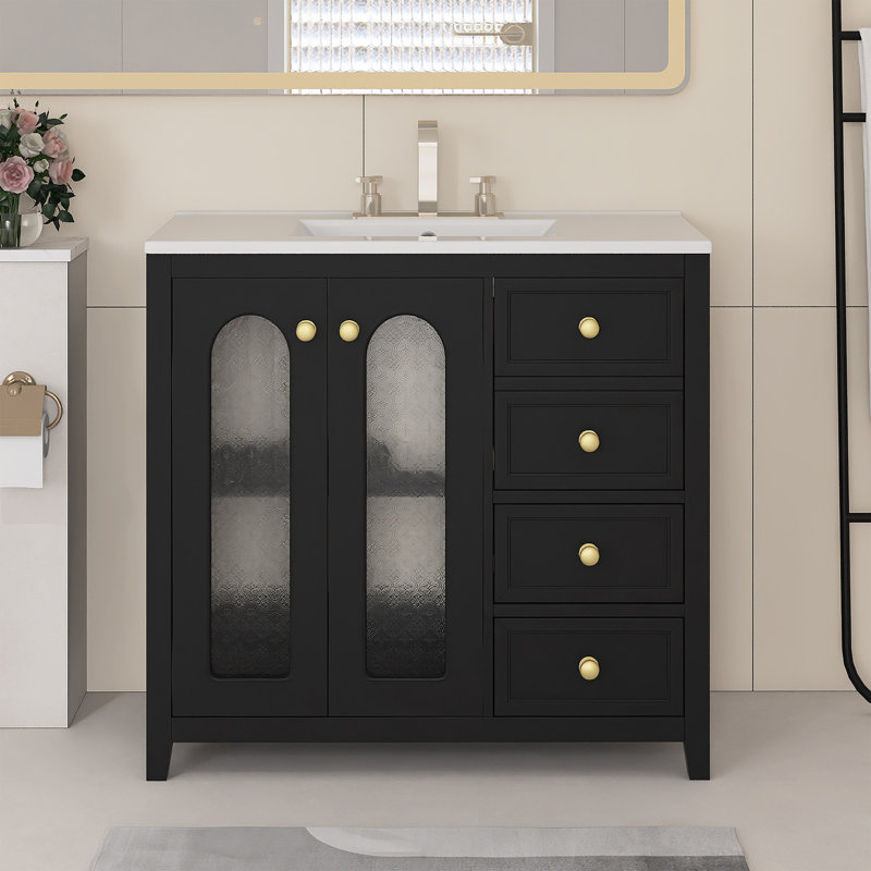 Meuble-lavabo autoportant 36 po avec revêtement en céramique 36 po, Noir
