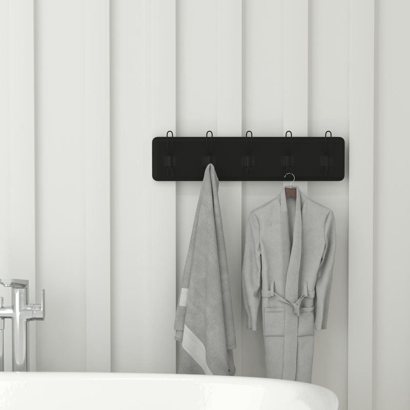 Nariaki Wall Mounted Solid Pine Wood Storage Rack with 5 Hanging Hooks, Black