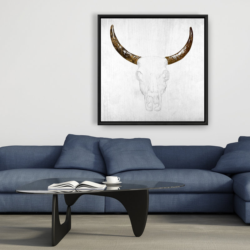 Crâne de taureau avec cornes brunes - décor de toile Western encadré