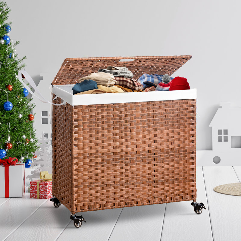 Laundry Hamper With Wheels, 160L Rattan Hampers & 2 Removable Liner Bags, Laundry Basket with Lid, Brown
