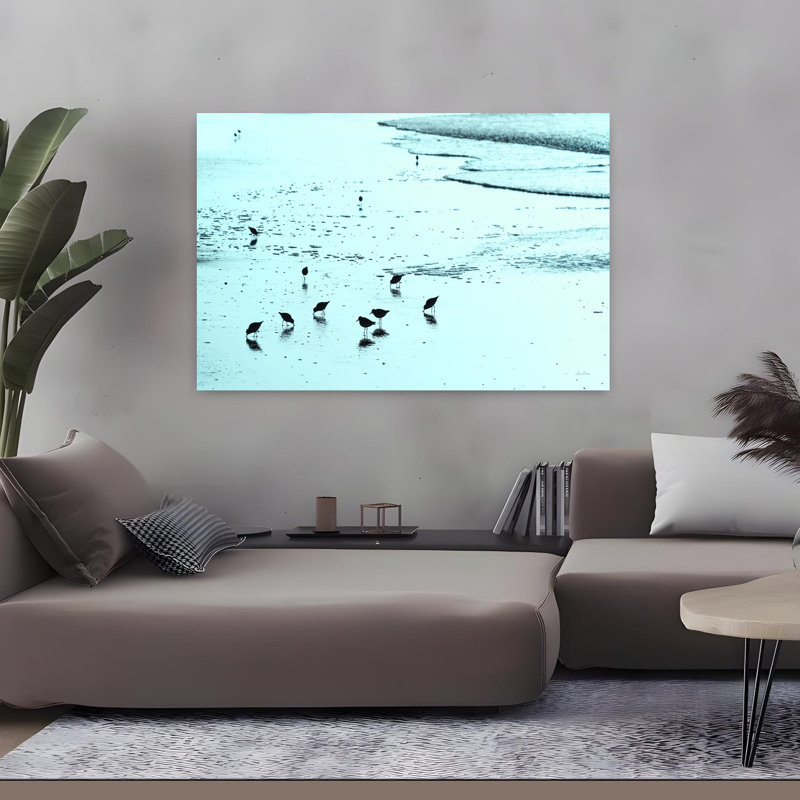 «Blue Sandpipers», oiseau abstrait, paysage côtier, art, H 32 po x l 48 po