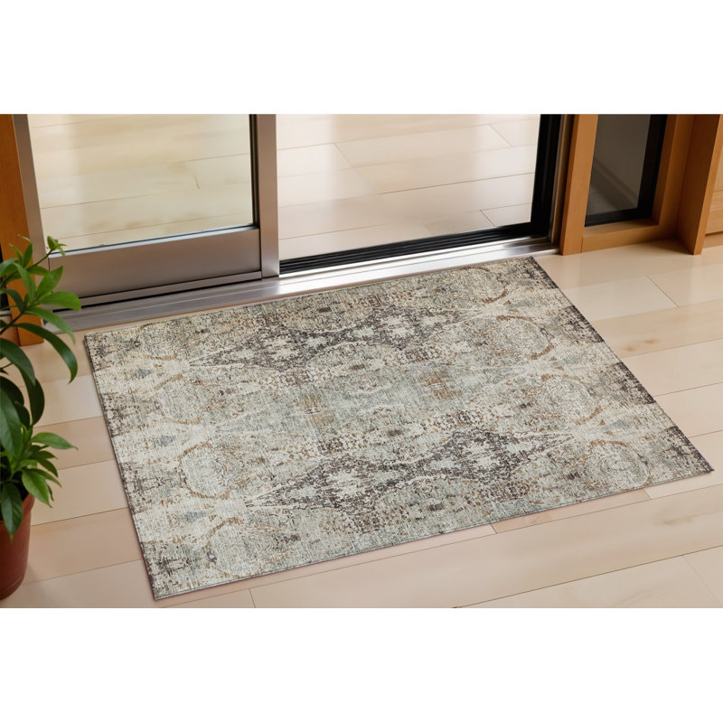 3' X 5' Linen Black And Brown Floral Washable Indoor Outdoor Area Rug