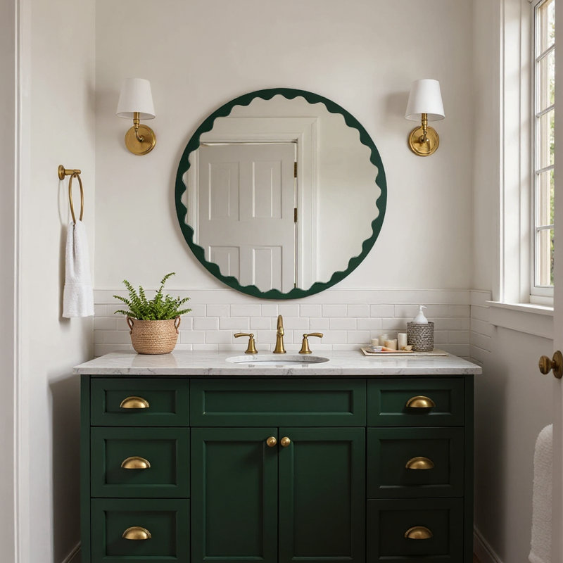 Miroir rond Santosh vert chasseur brillant festonné, Vert forêt