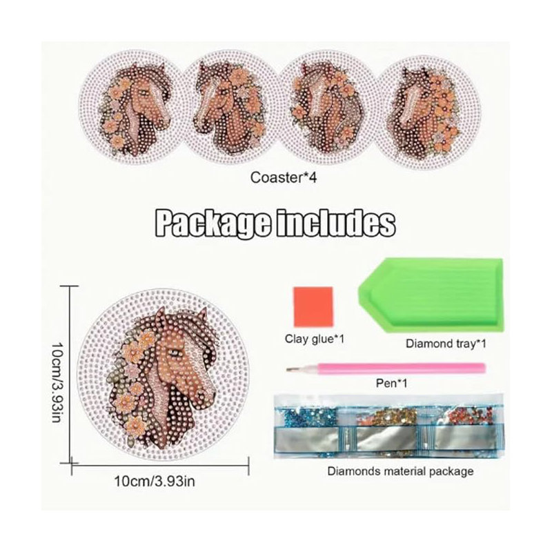Set of 4 5D Diamond Painting Horse Coasters DIY Diamond Coasters Kit 