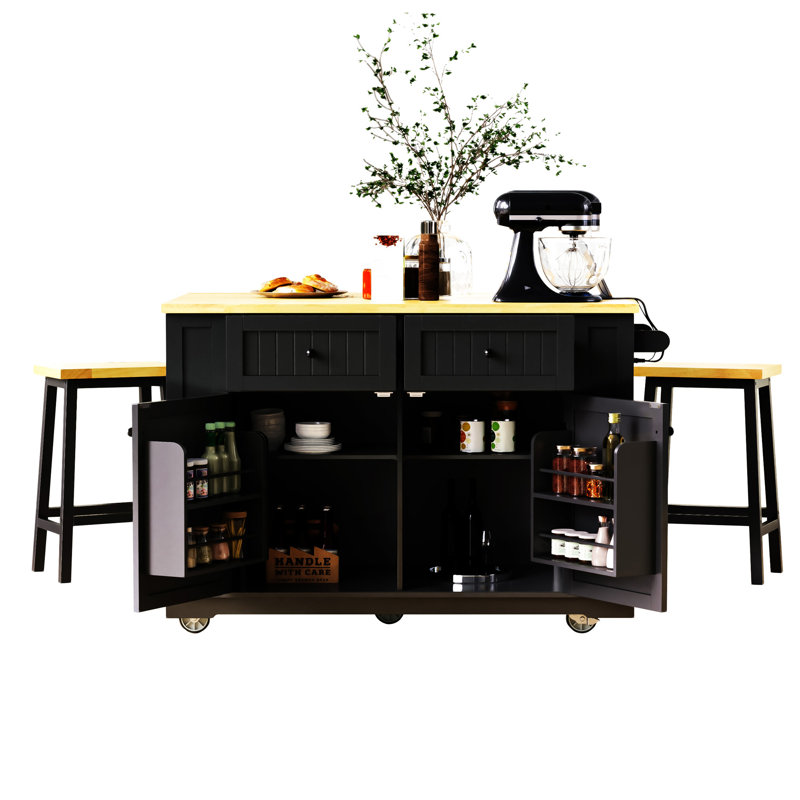 Large Kitchen Island With 2 Bar Stools, Black
