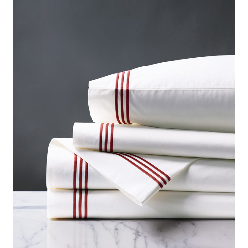 Tessa 100% Cotton Percale Sheet Set, White/Scarlet, Full Sheet Set + 2 Pillowcases