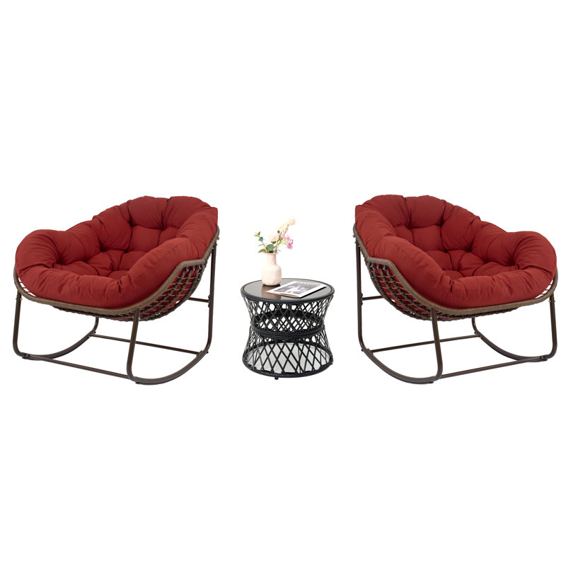 Chaise berçante d'extérieur en rotin avec coussins et table basse en rotin Ladena, Rouge