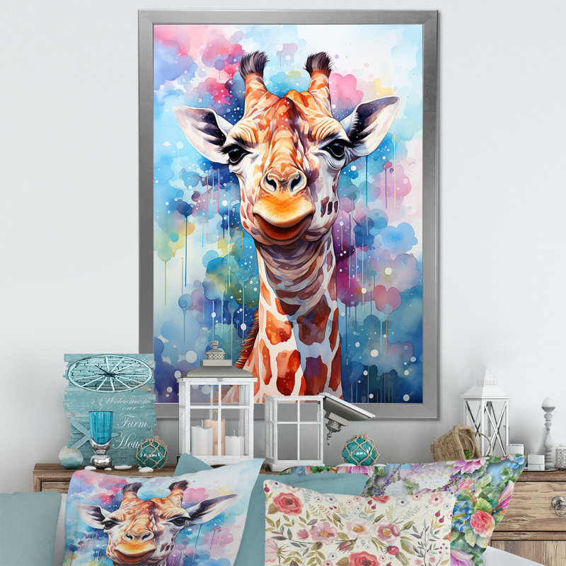 Portrait de girafe Pop Art - Reproduction d'art mural girafe, H 32 po x l 24 po x P 1 po, Cadre simple argenté
