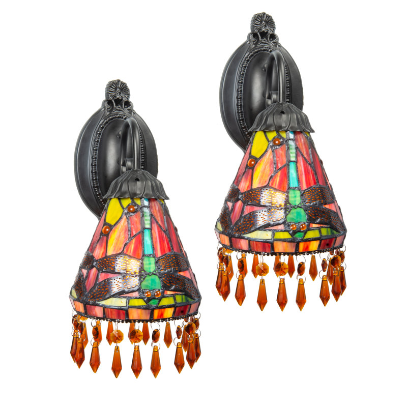 Dragonfly Beaded 2-Piece Tiffany Wall Sconce Set