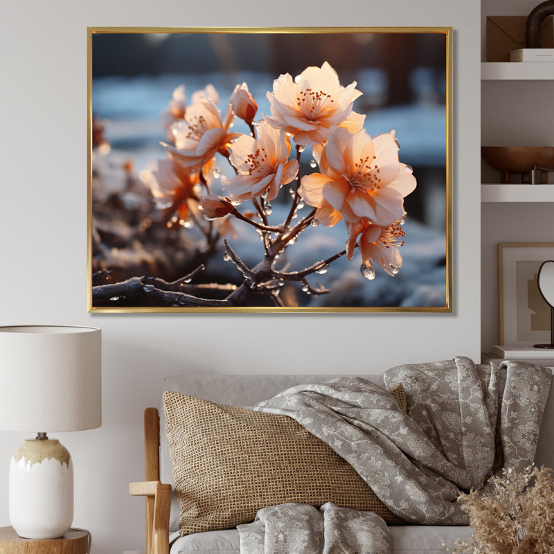 "Breyelle Winter Landscape Frozen Blossoms III", reproduction d'art sur toile, 12" H x 20" W, Cadre flottant doré