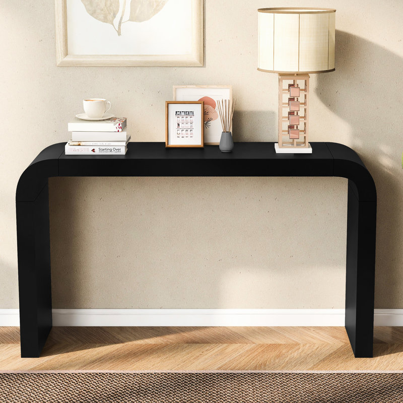 Table d'entrée élégante à deux pieds avec placage pour les espaces de vie principaux. Structure stable, assemblage facile et décor de surface polyvalent, console américaine noire de 15,53 po de largeur avec balcons minimalistes