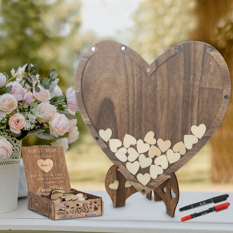Wedding Guest Book Rustic Wooden Guest Book Decor Sign With 88pcs Hearts And Stand Storage Box For Wedding Receptions Party Supplies