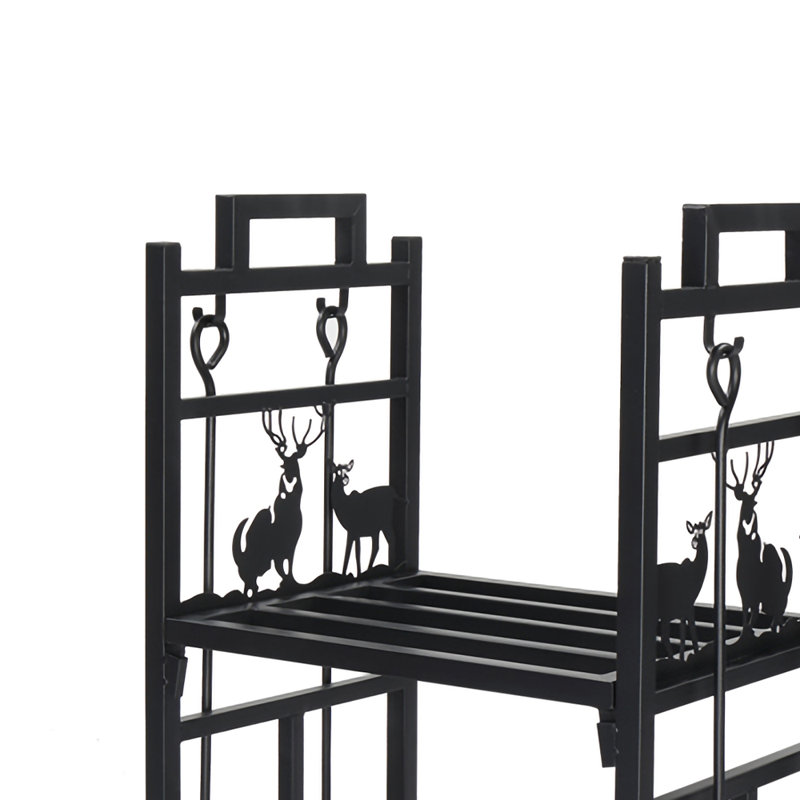 Porte-bûches en fer forgé à 2 niveaux avec motif animalier, support extérieur en bois et foyer