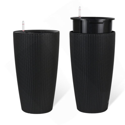 Ensemble de 2 grandes jardinières d'intérieur en faux rotin avec seau intérieur pour moniteur de niveau d'eau, arrosage automatique, pots à fleurs pour jardin, patio, porche, cour arrière (noir, 22 pouces)