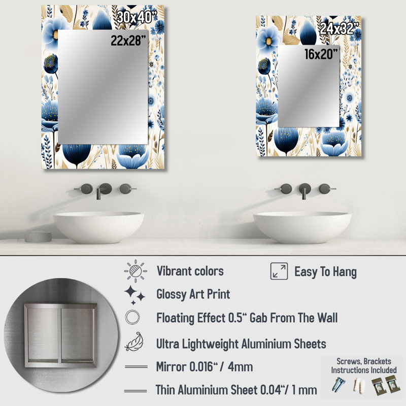 Fougère bleue et blanche Breyanne - miroir mural floral, 40 po x 30 po