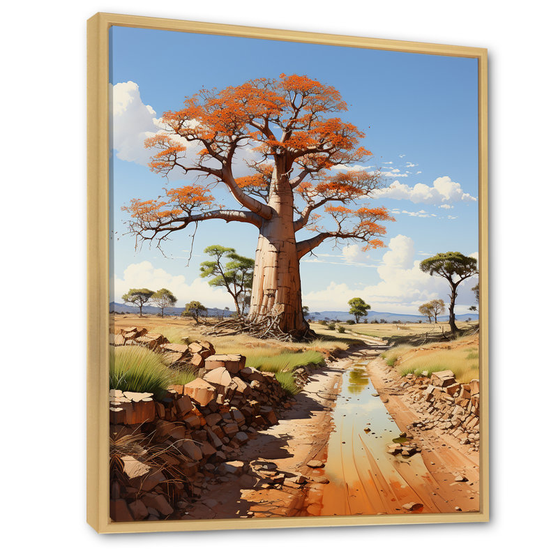 Art africain sur toile, "Baobab africain", Cadre naturel flottant, H 32 po x l 16 po