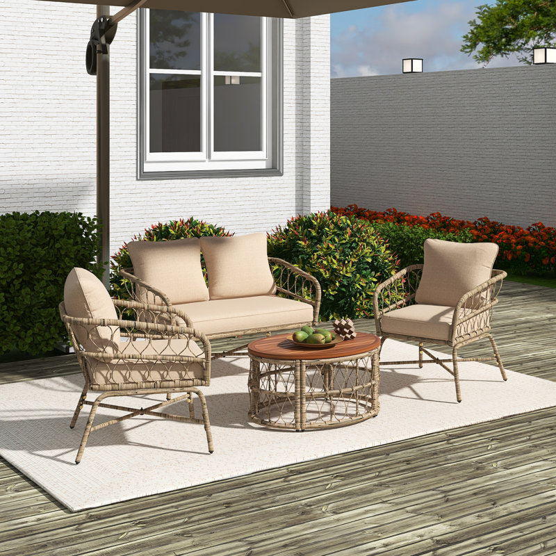 Ensemble de conversation d'extérieur 4 personnes avec coussins amovibles, ensemble de patio conversation avec plateau de table en bois beige d'inspiration bohémienne