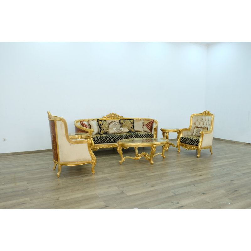 3 Piece Luxor Ii Sofa Set Black Gold Fabric, Black/Gold