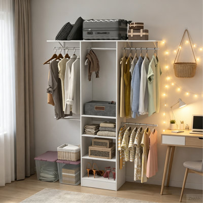 Closet System, Walk-In Organizer with Adjustable Shelves & 5 Expandable Rods, 3-5Ft, White