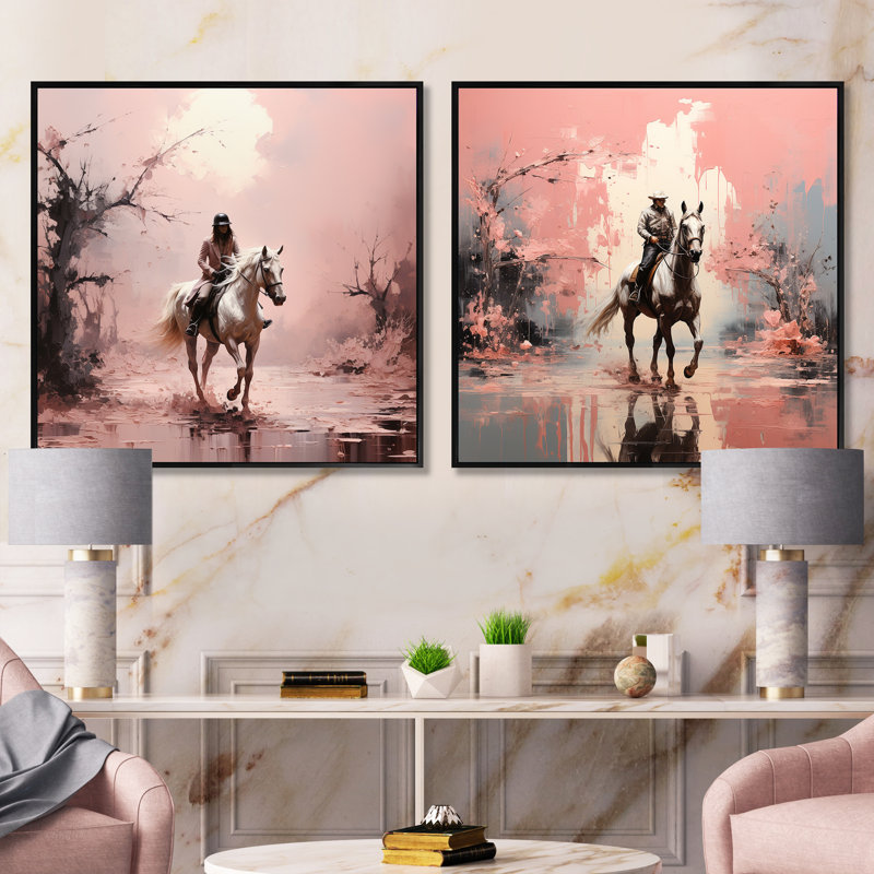 Cheval romantique au galop - ensemble de 2 animaux carrés, Cadre flottant noir, H 16 po x l 33 po