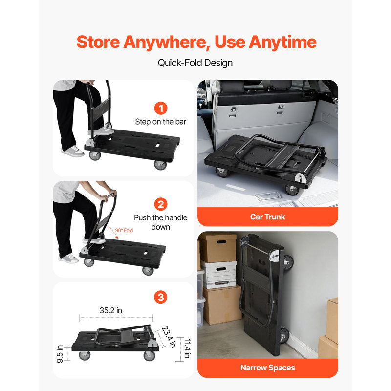 Foldable Push Cart Dolly, 1000 lbs Capacity, 35.2 x 23.4 x 33.5 in, Folding Platform Truck with Swivel Wheels, Moving Platform Hand Truck Flatbed Cart, Space Saving Push Handle