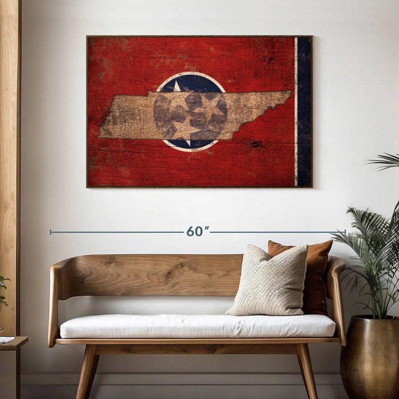 State Map Over Tennessee Flag, 46" X 31", Floating Frame Walnut