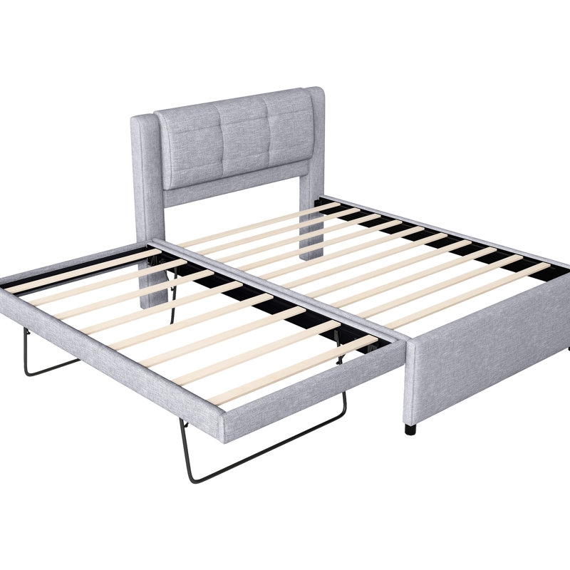 Lit gigogne double avec revêtement en lin gris - plateforme de taille Design flexible en gris. Construire. Aucun sommier tapissier requis. Aire de repos confortable
