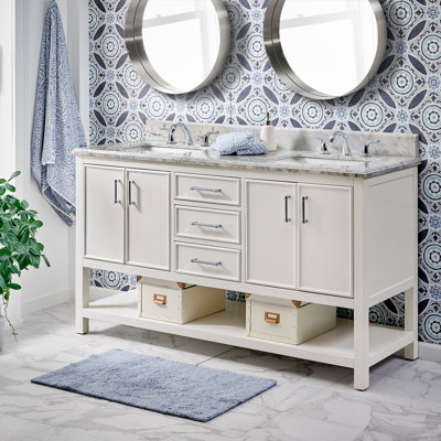 Meuble-lavabo pour salle de bain Danta avec comptoir en pierre et placage en marbre