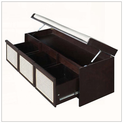 48" Entryway Shoe Bench, Retro Storage Bench with Rattan Drawers & Removable Button鈥慣ufted Upholstered Cushion