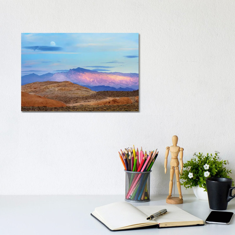 Sunset Lighting Up Mountains Under A Full Moon In Valley Of Fire State Park, Mojave Desert, Nevada by Tim Fitzharris - Wrapped Canvas Print